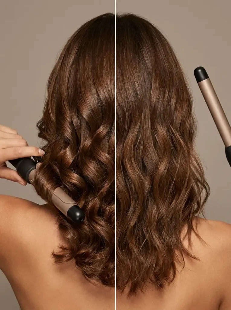Curling iron vs wand results showing polished curls and loose waves
