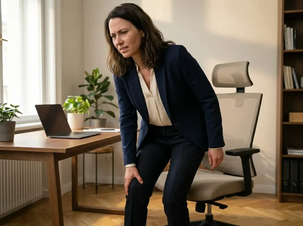 Office worker experiencing joint stiffness after long periods of sitting.