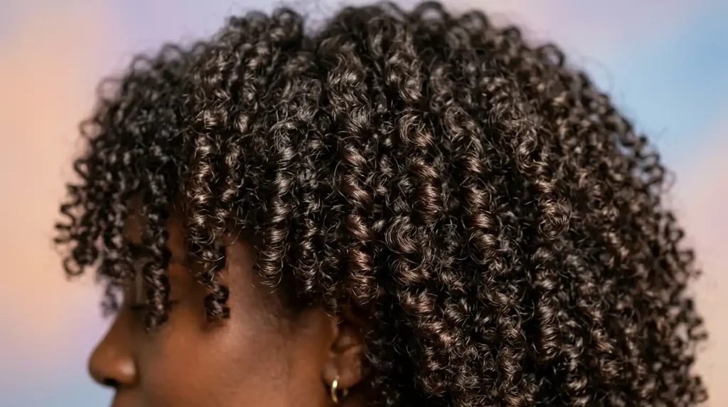 Defined springy curly hair showing natural bouncy corkscrew curls.
