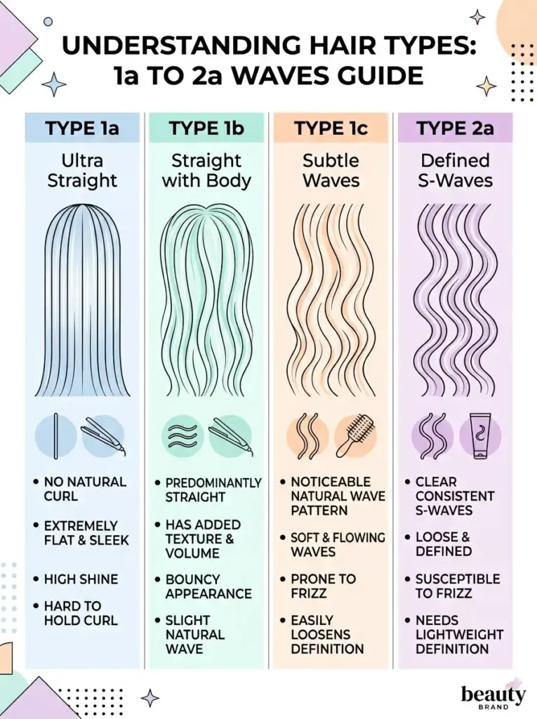 Visual comparison between 1a hair, 1b hair, 1c hair type,
and type 2a hair showing differences in wave pattern and texture