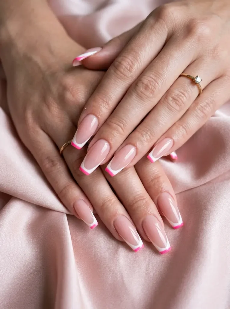 Modern pink nails design with double French tips.