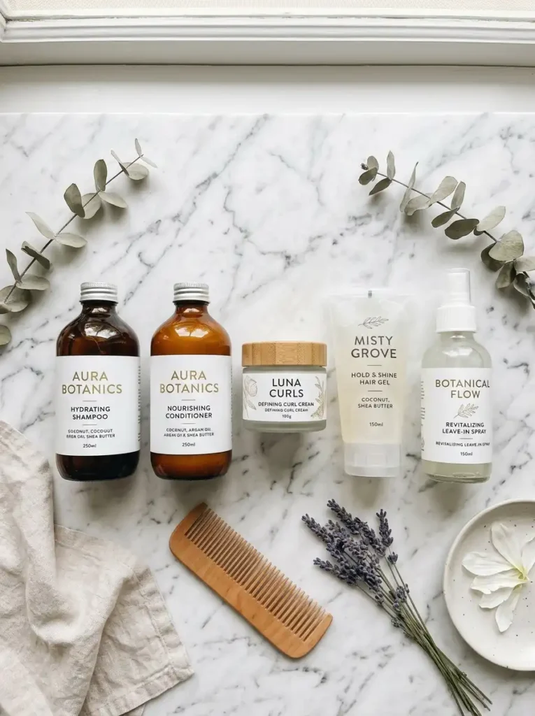 Best 2c hair products flat lay including
curl cream, gel, shampoo, and leave-in
conditioner on marble surface