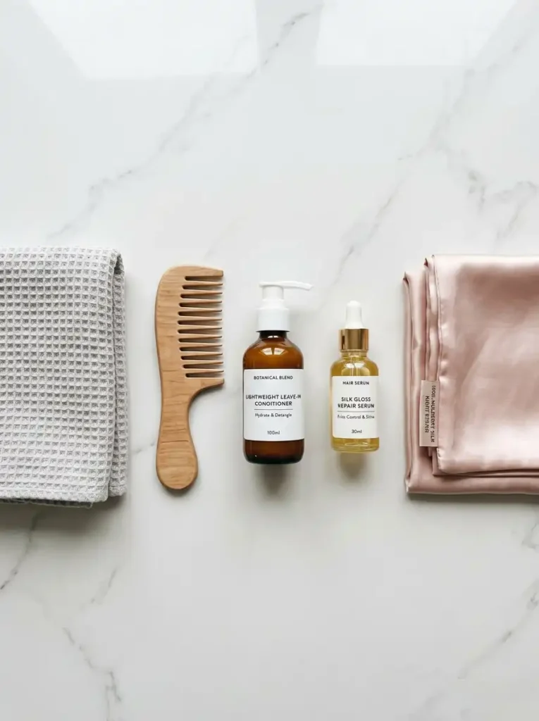 Essential hair care products for 1c hair type routine including
microfiber towel, wide-tooth comb, and lightweight leave-in conditioner