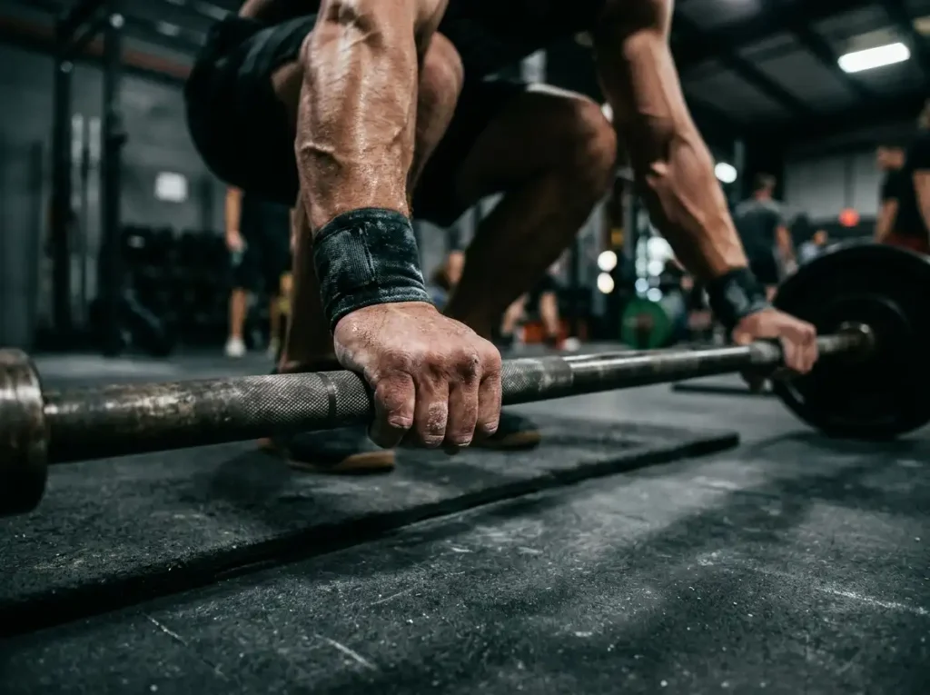 Barbell deadlift form for building back muscle strength.