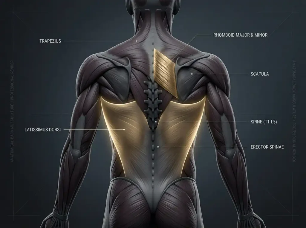 Diagram showing back muscle exercises targeting the lats and rhomboids.