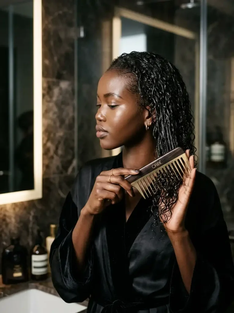 detangling wet hair gently with a wide-tooth comb