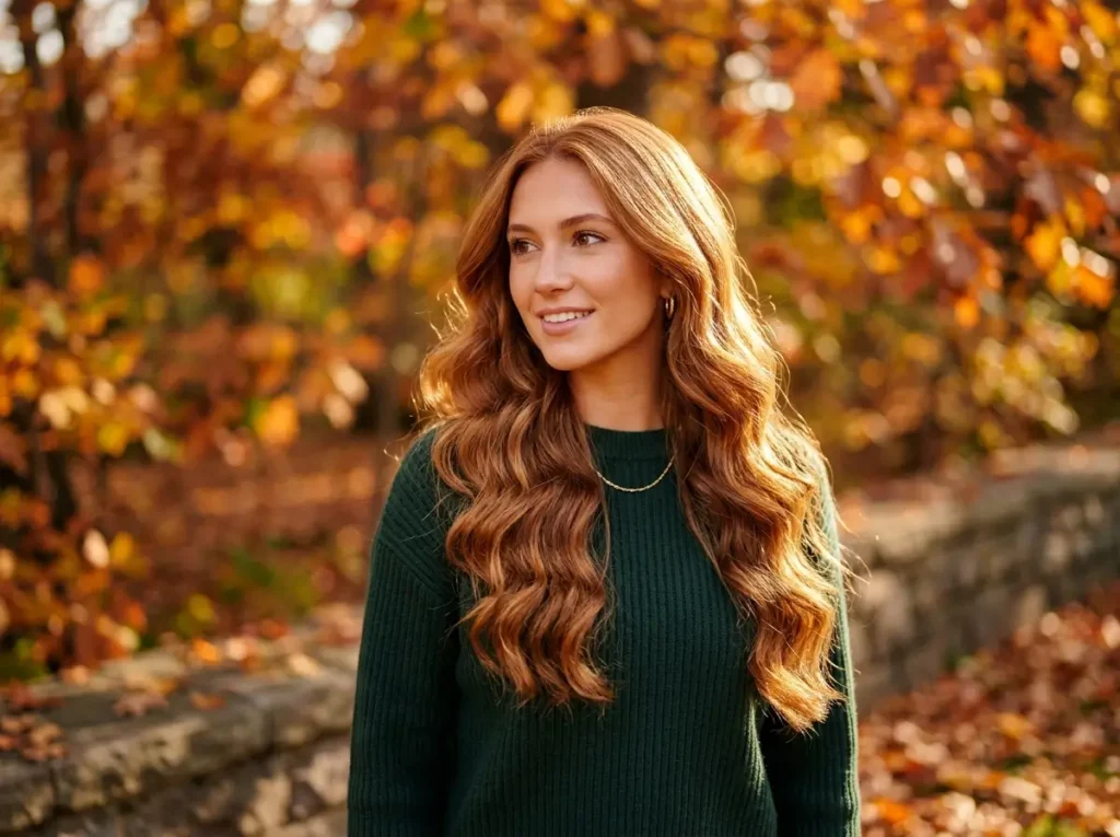 Model showcasing the shine of light auburn hair color.