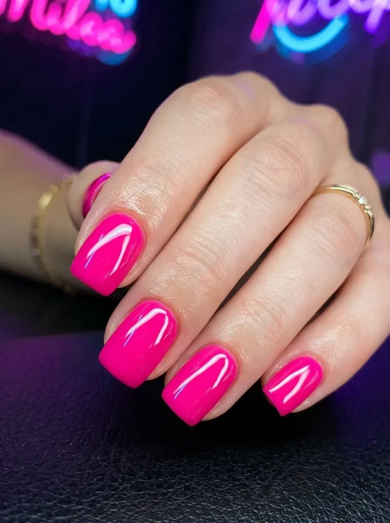Vibrant and glossy hot pink nail designs on short nails.