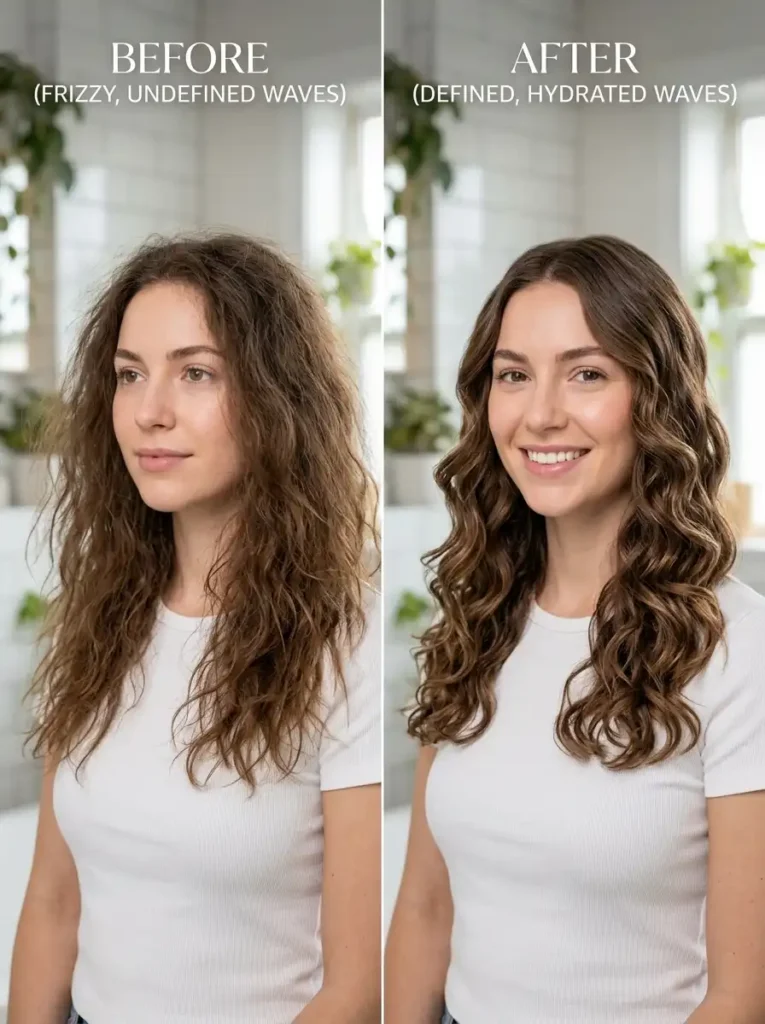 Confident woman with beautiful defined
type 2c wavy hair in natural outdoor setting