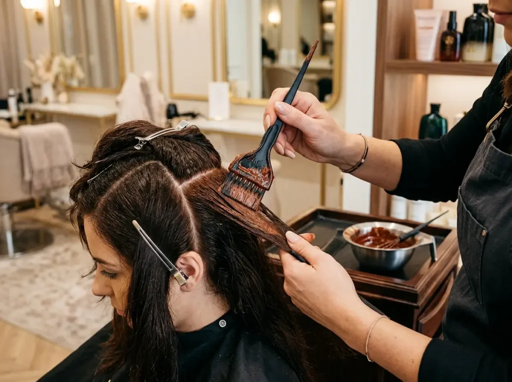 Professional application of red brown hair dye.