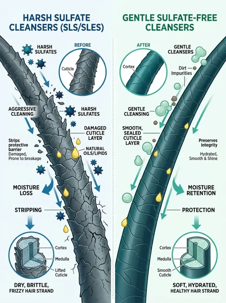 how sulfate free shampoo works vs regular shampoo comparison infographic