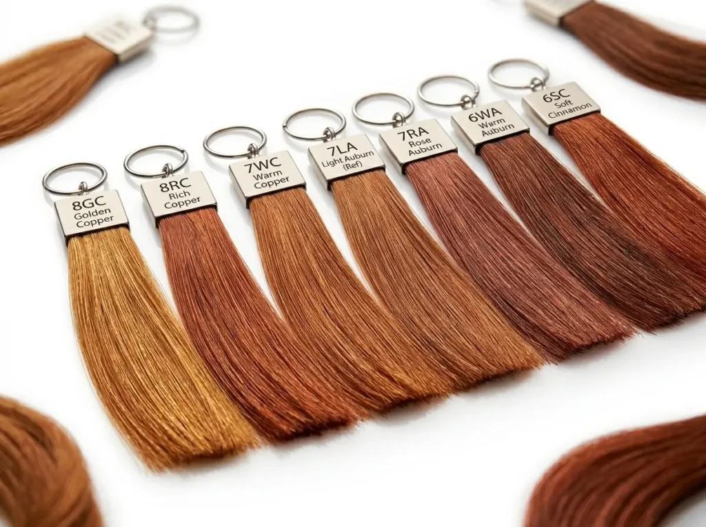 Diverse shades of light auburn hair color swatches.