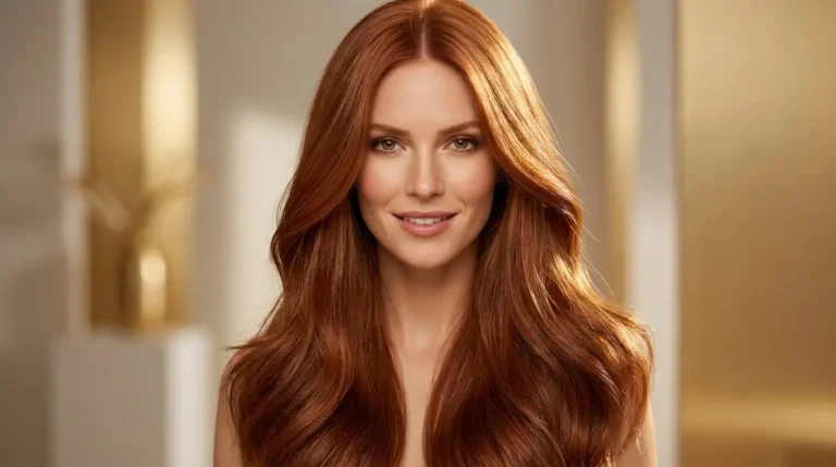 Stunning light auburn hair color transformation with brilliant shine.