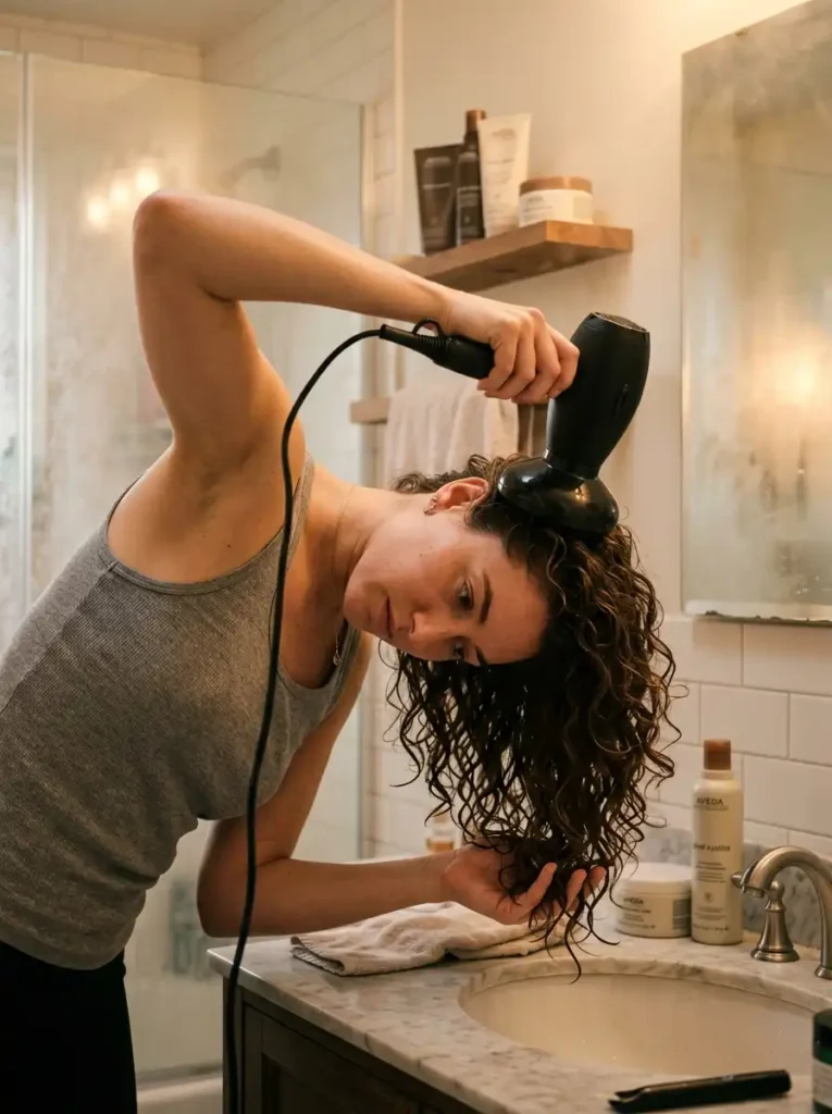Woman diffusing type 2c hair upside down
with diffuser for maximum wave definition
and root volume