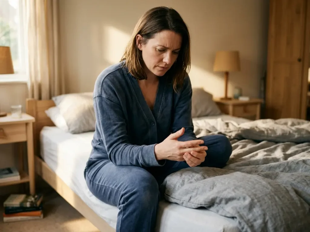 A woman suffering from morning joint stiffness, an early symptom of rheumatoid arthritis