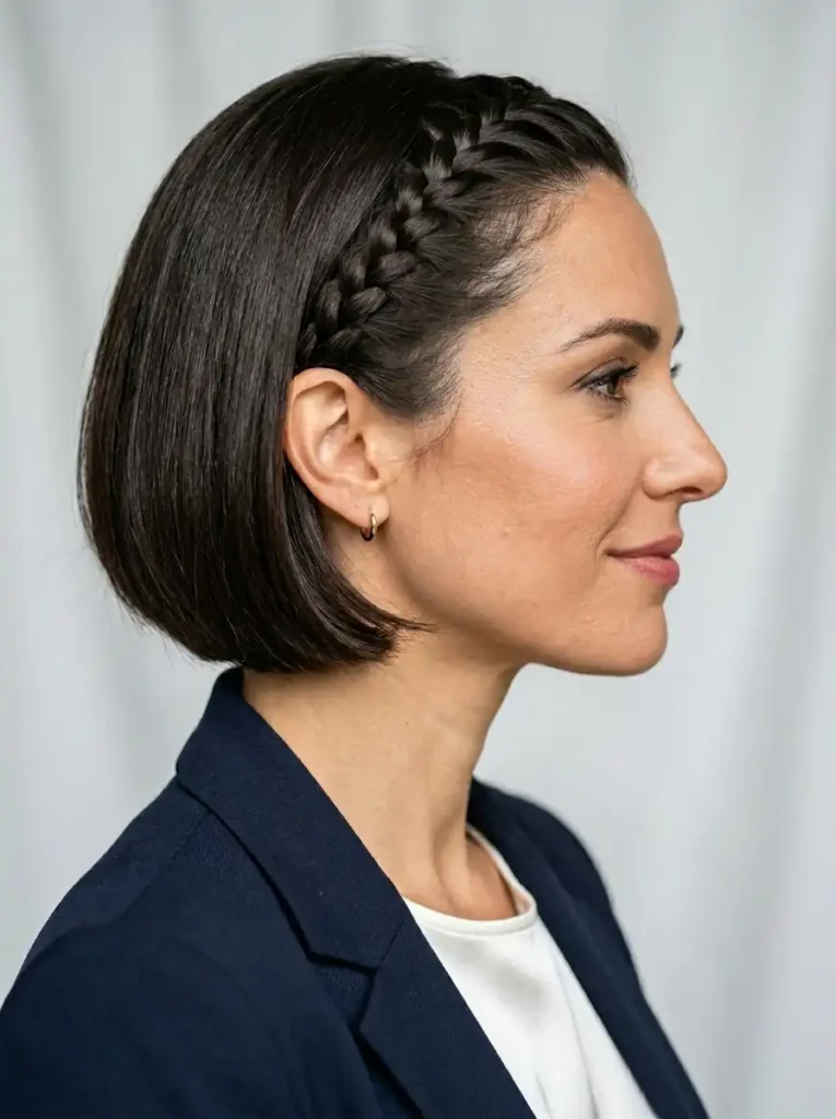 Beautiful braided bangs styled along the hairline on a short bob haircut
