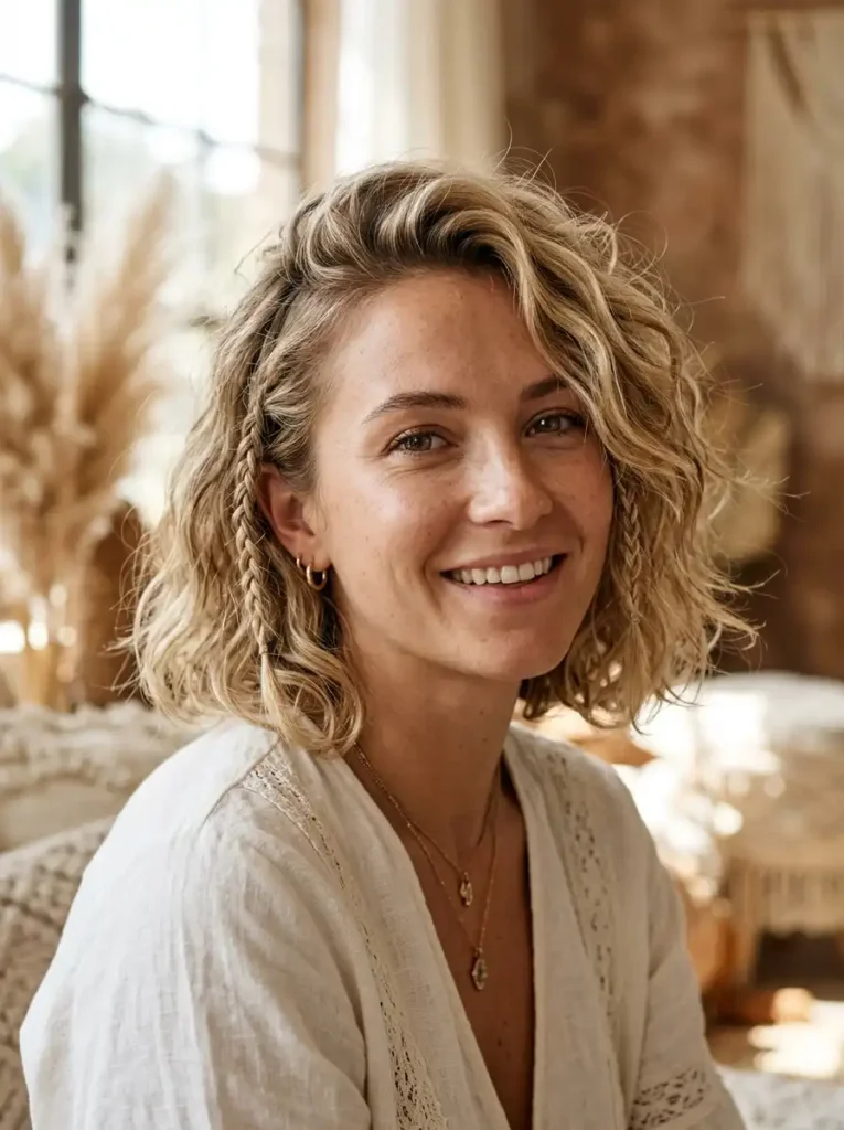 Small accent braids hidden within short loose wavy hair
