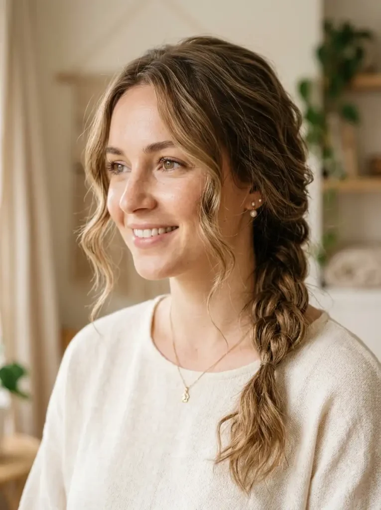 Effortless and loose side braid on short shoulder-length hair
