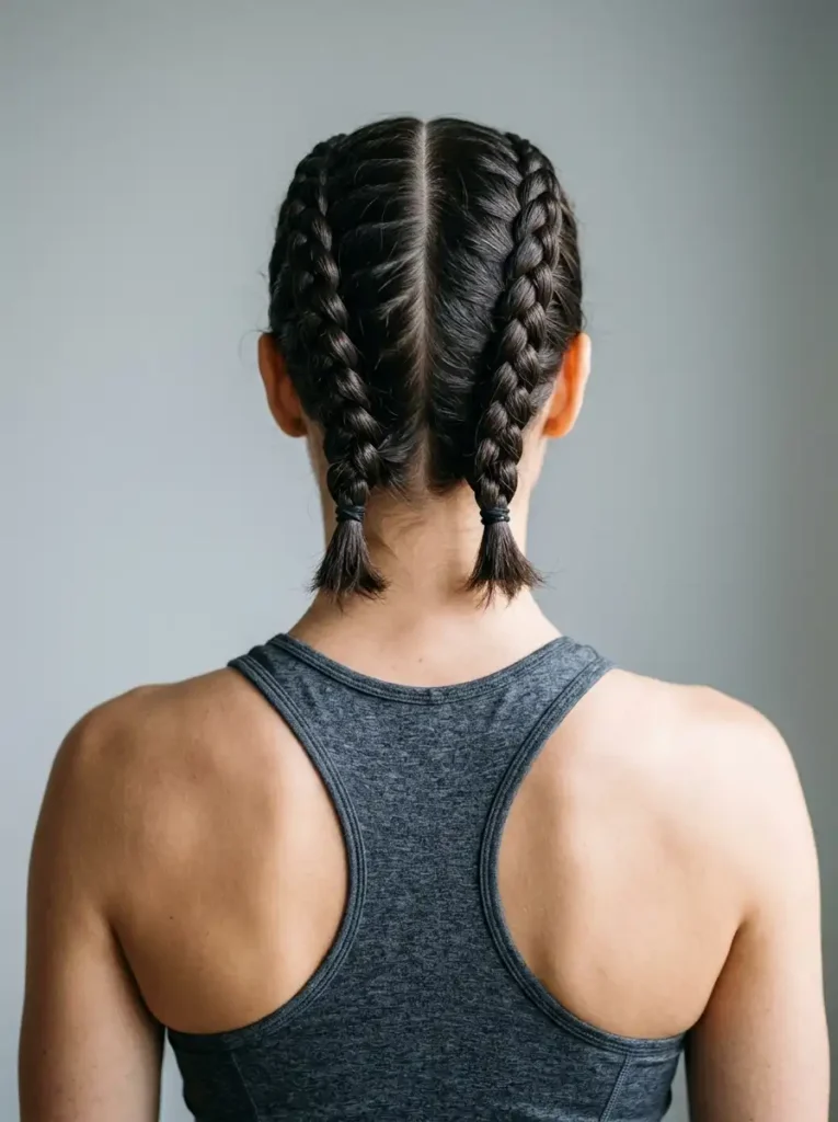 Symmetrical tight boxer braids styled on short active hair

