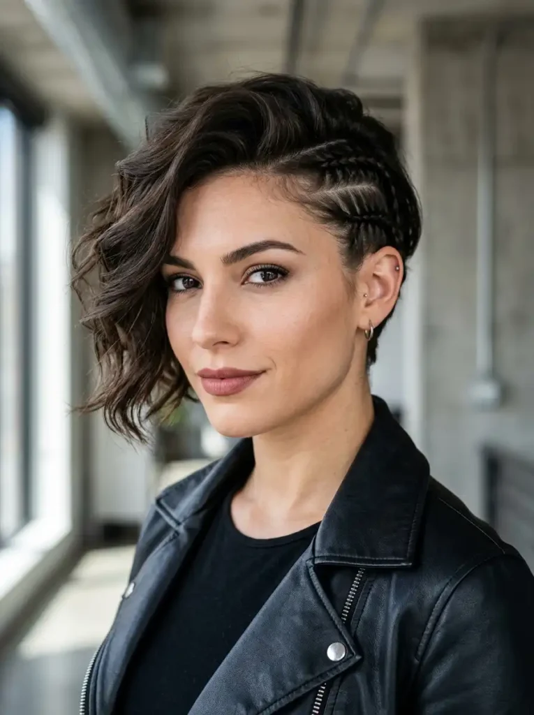 Edgy short haircut with tight side cornrows mimicking a braided undercut
