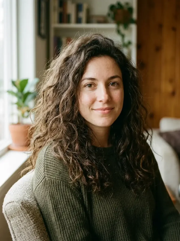 Frizzy natural waves before styling, 2B hair with curtain bangs