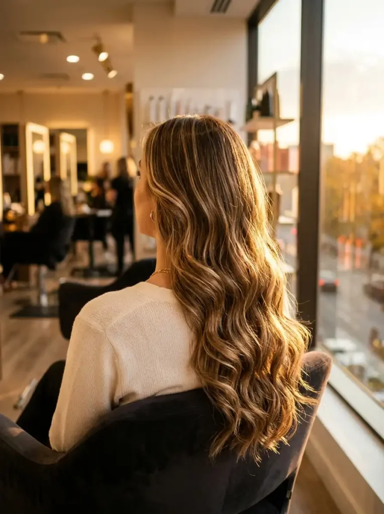 Honey brown hair highlights protected by sulfate free shampoo.