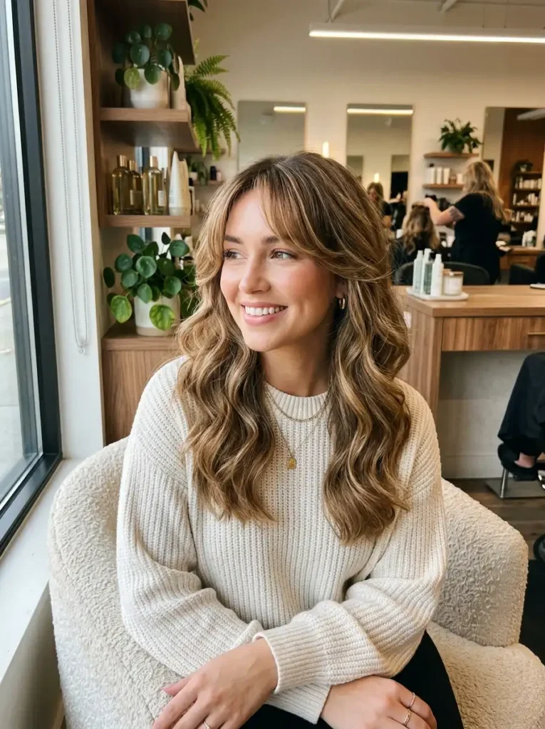 Layered hairstyle with curtain bangs for wavy hair , 2B hair with curtain bangs