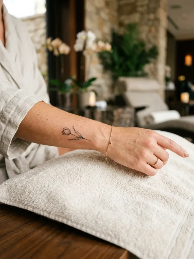 Simple female tattoo designs featuring a fine-line tulip on the forearm
