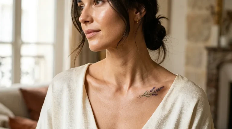 Stunning small tattoo ideas for women featuring a minimalist lavender design on the collarbone.