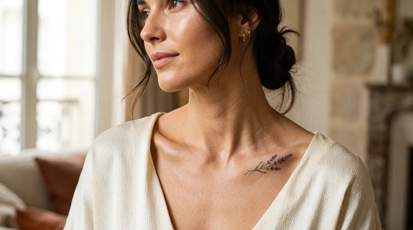 Stunning small tattoo ideas for women featuring a minimalist lavender design on the collarbone.