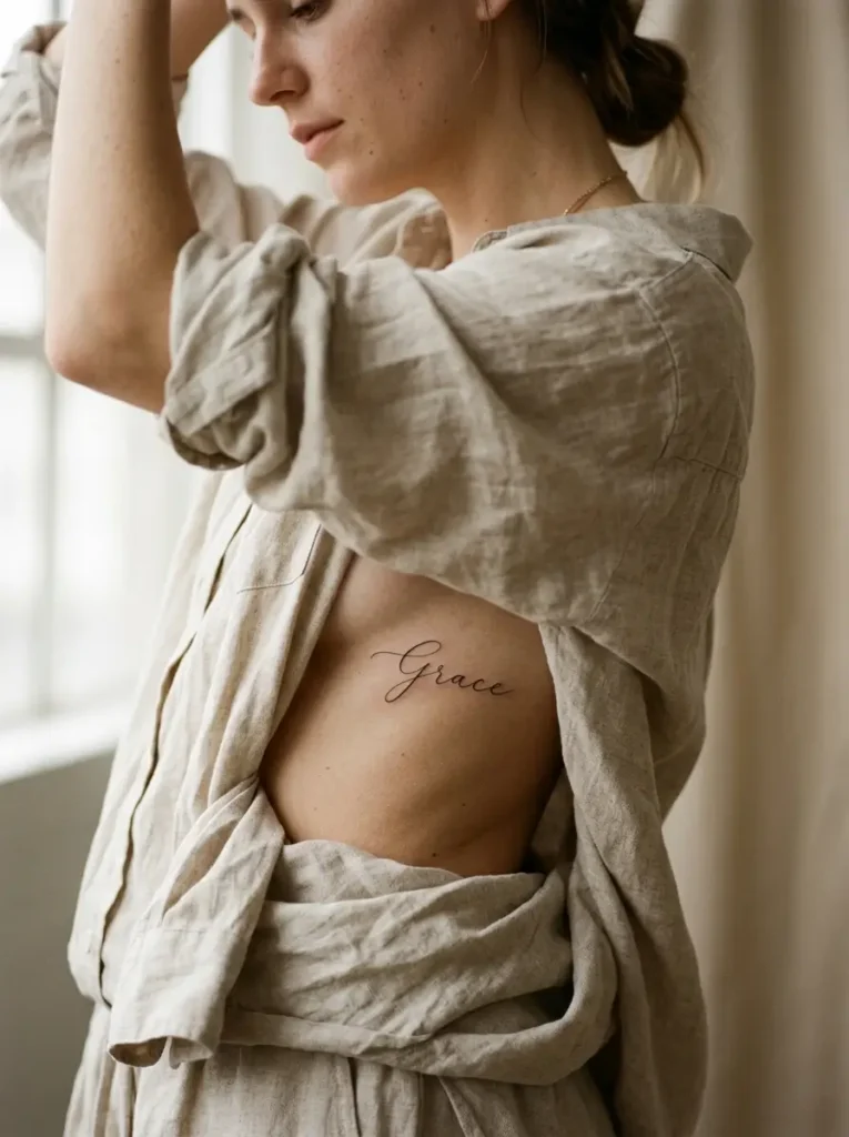 Minimalist script tattoo ideas for women with elegant cursive lettering.