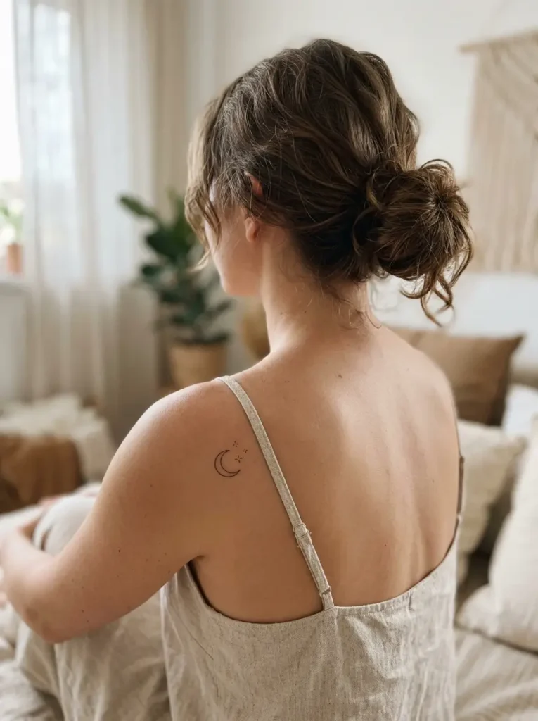 Simple female tattoo designs of a crescent moon and stars on the shoulder.