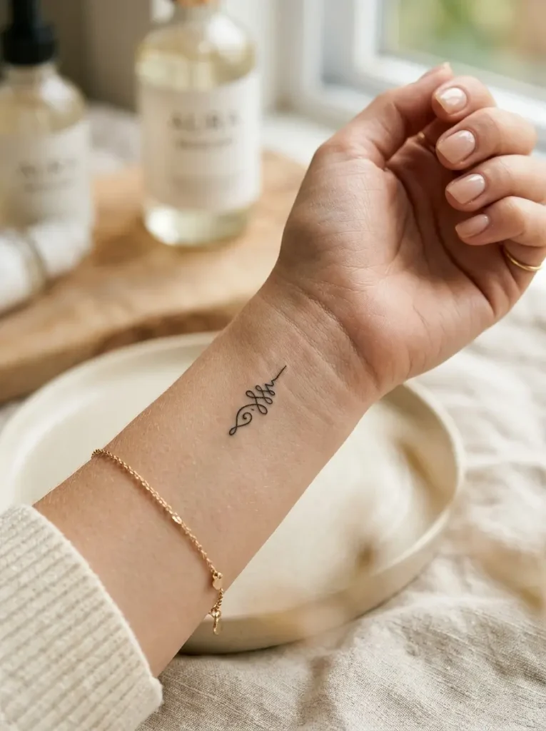Small meaningful tattoos for ladies featuring a delicate Unalome symbol on the wrist.