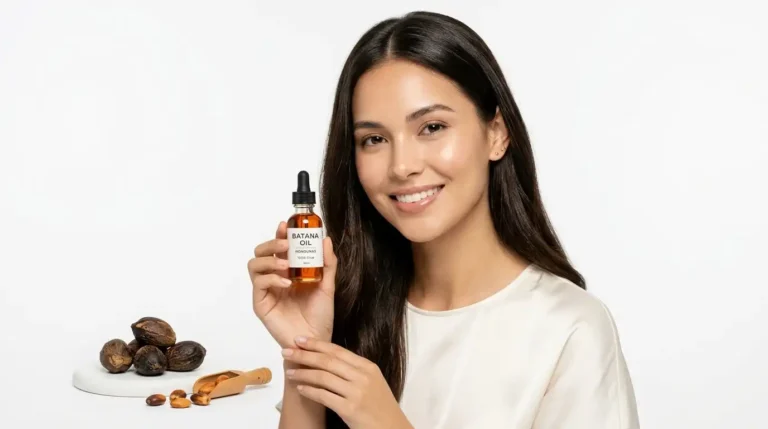 What is batana oil — beautiful woman with glossy healthy hair holding pure batana oil bottle on white background