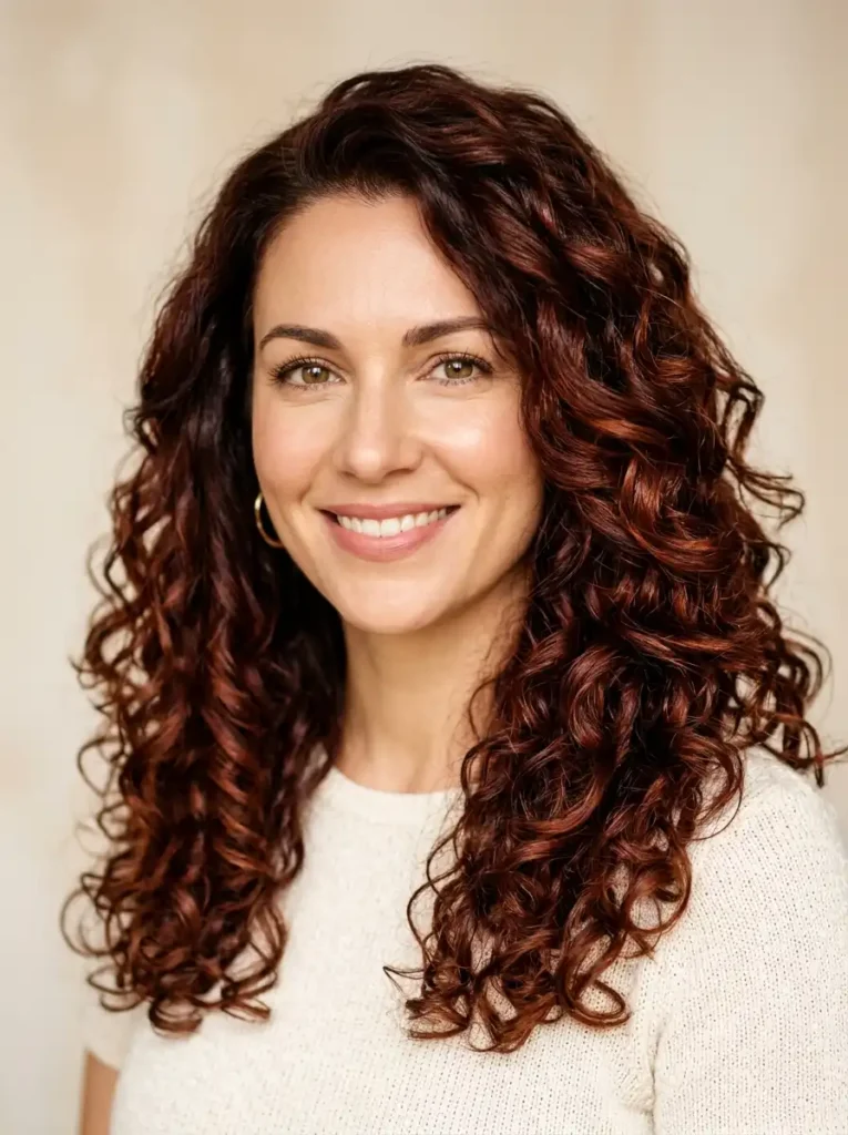 dark auburn hair color with soft curls