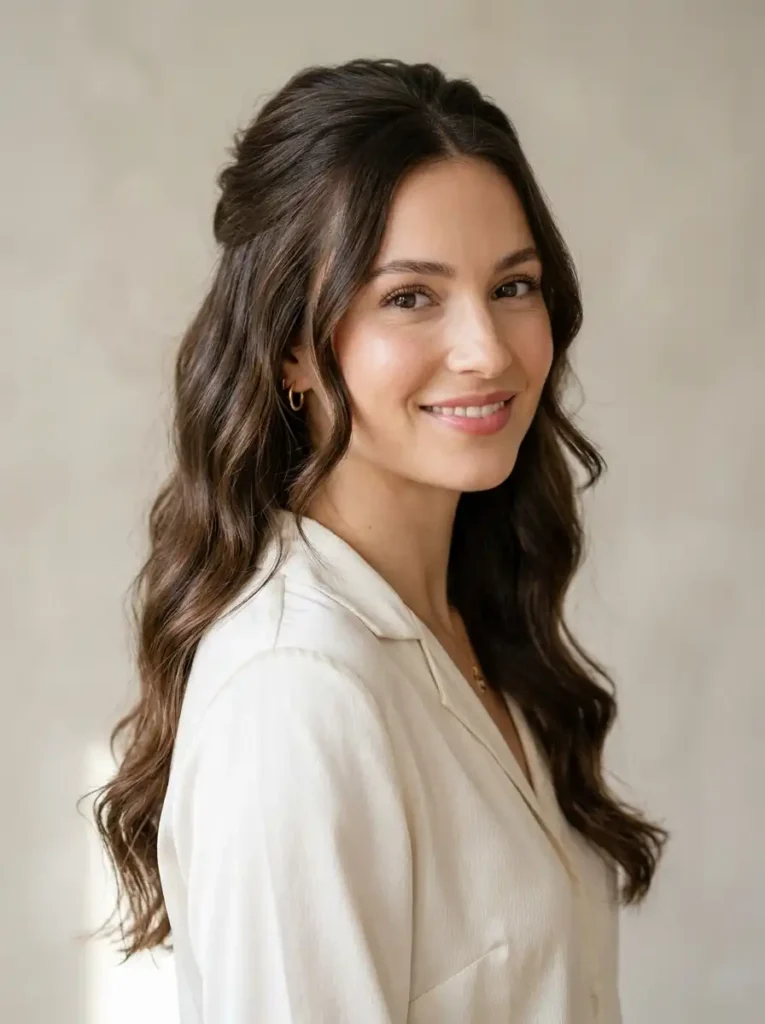 Half-up half-down hairstyle for long hair with soft waves