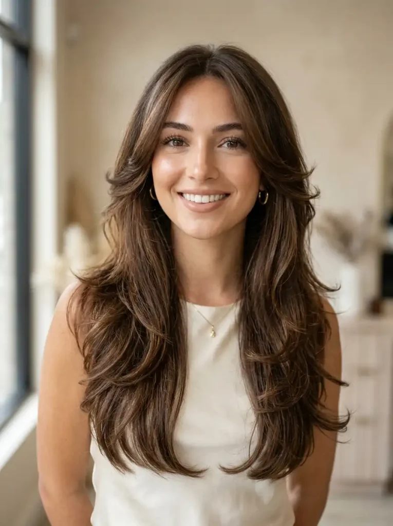 Butterfly layers on long brunette hair with soft face-framing volume