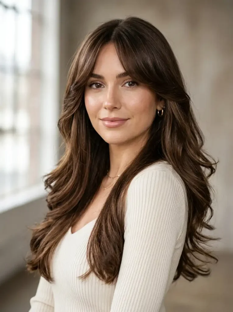 Curtain bangs with long layers on glossy long hair