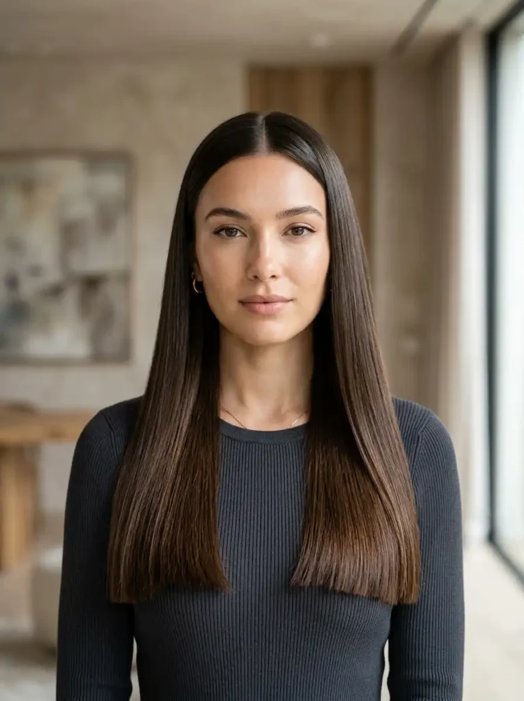 Sleek blunt long haircut with straight glossy ends