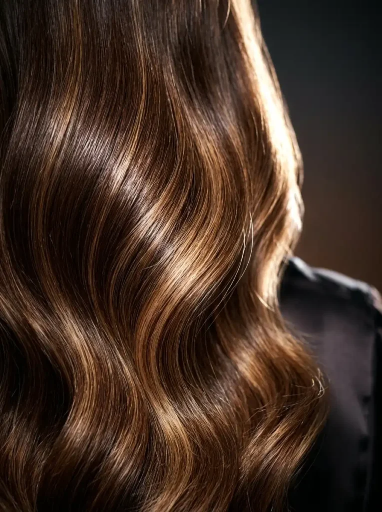 glossy healthy balayage highlighted hair in a high-fashion macro beauty shot