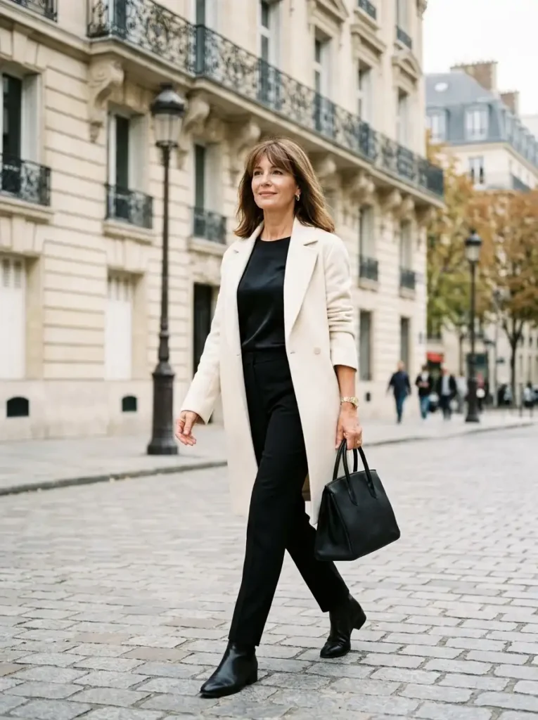 Elegant mature woman with soft birkin bangs and shoulder-length brunette hair