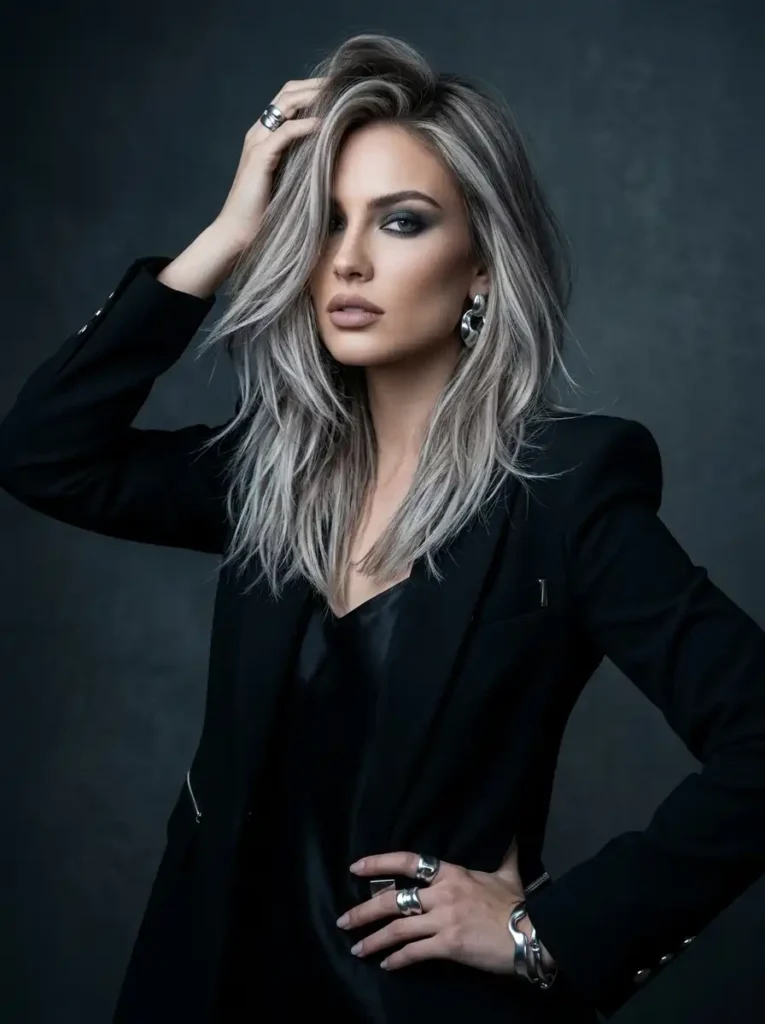 cool ash blonde balayage highlights with a brass-free finish, editorial portrait