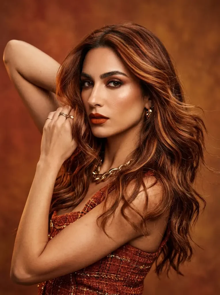 cinnamon spice balayage highlights with auburn and copper tones, editorial portrait