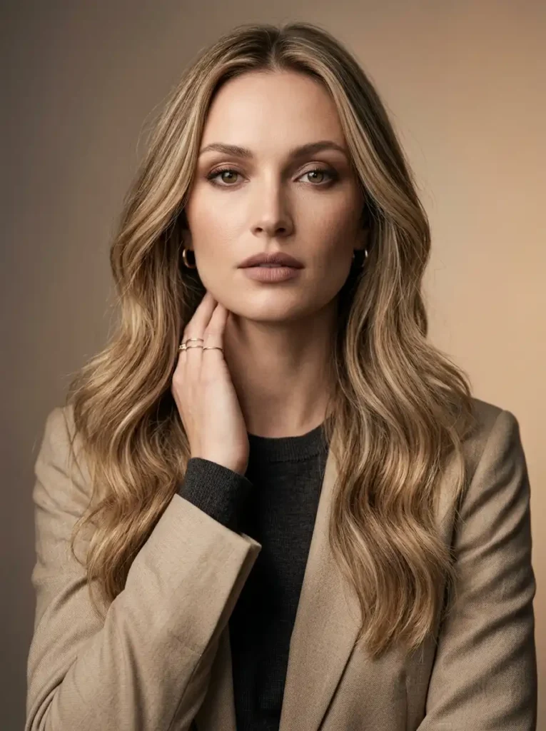 natural sandy beige balayage highlights in a refined fashion editorial portrait