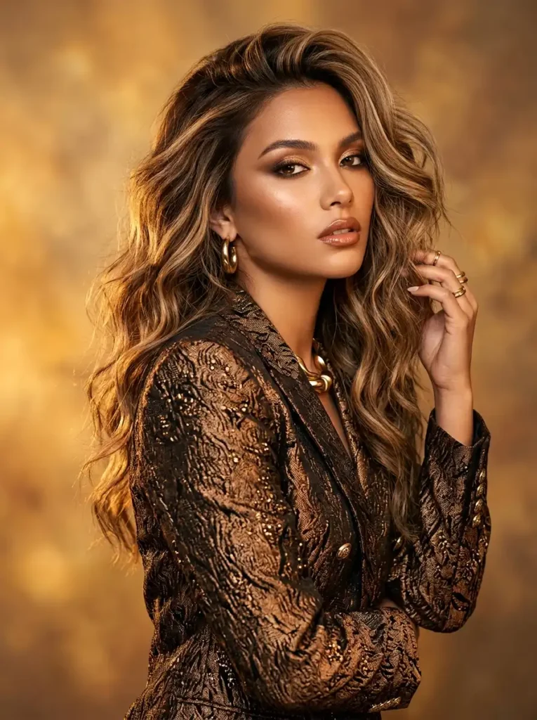 bronde balayage highlights blending blonde ribbons into a dark base, editorial portrait