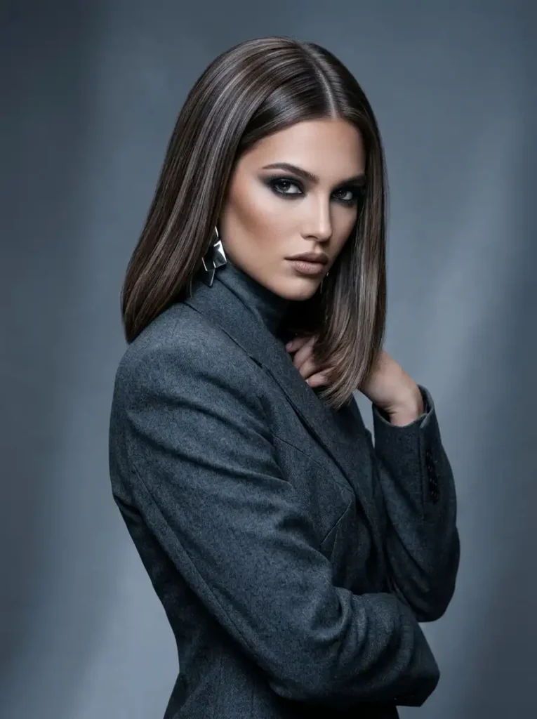 cool ash brown balayage highlights styled in a high-fashion editorial portrait