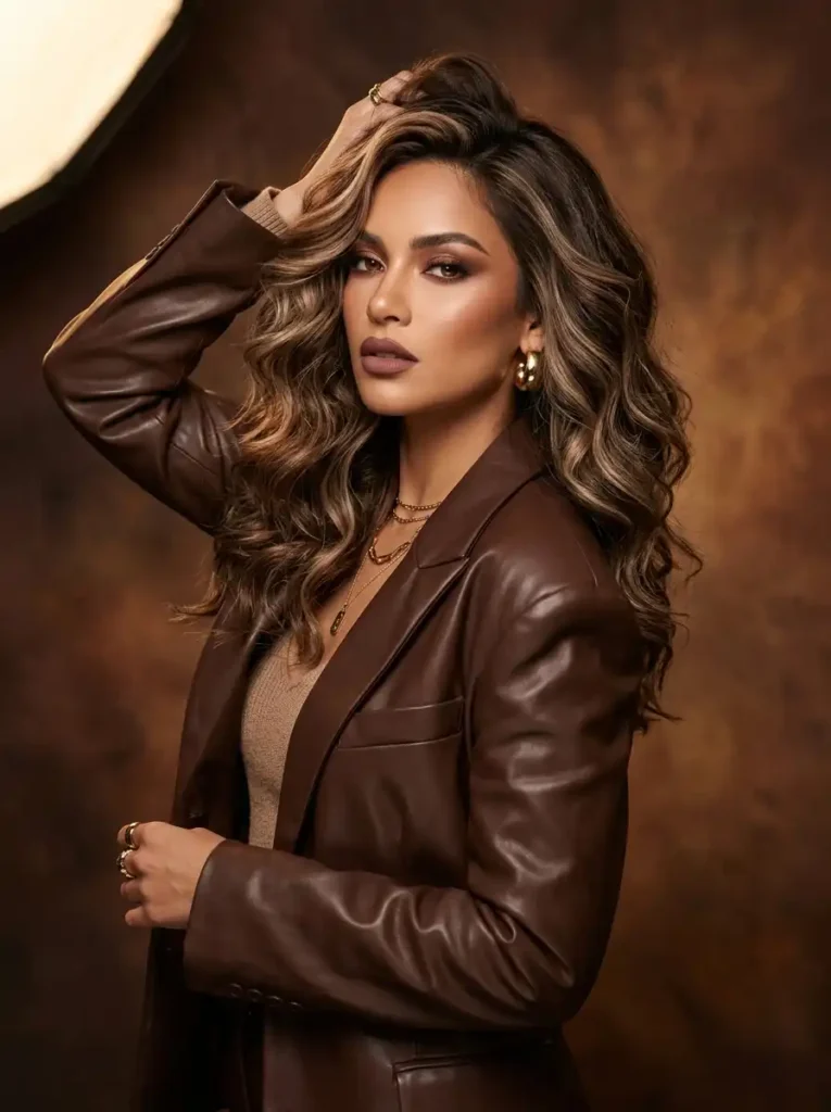 mocha frappe balayage highlights blending coffee brown and beige in a fashion editorial
