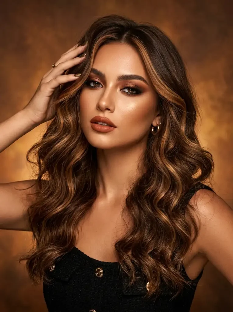 caramel balayage highlights on chestnut brown hair in a high-fashion editorial portrait