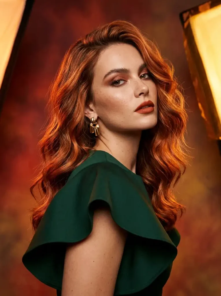 vibrant copper balayage highlights with fiery shine in a high-fashion editorial
