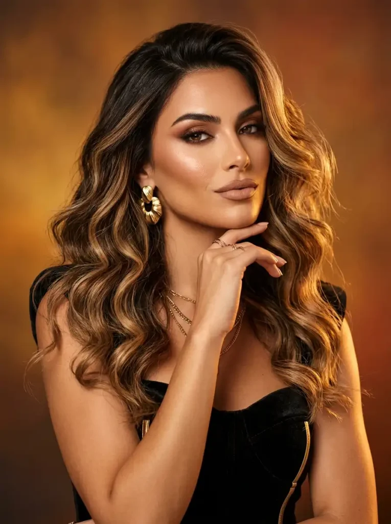 honey blonde balayage highlights on dark brown hair in a fashion editorial shot